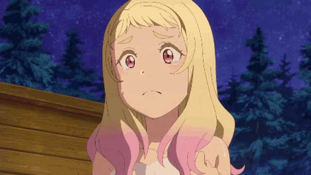 a girl with blonde hair and pink highlights has a tear coming out of her eye