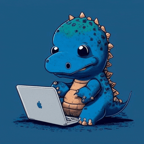 a blue dinosaur is using an apple laptop computer