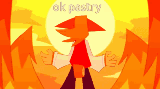 a cartoon character is standing in front of a sun with the words ok pastry written above him