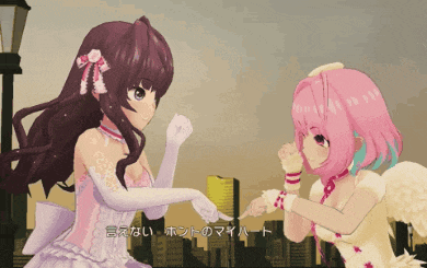 a couple of anime girls standing next to each other with chinese writing