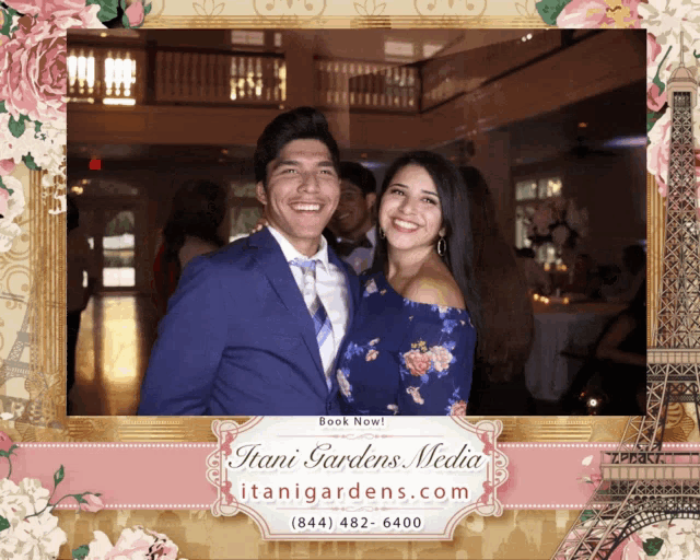 a man and woman are posing for a photo in a frame that says itani gardens media