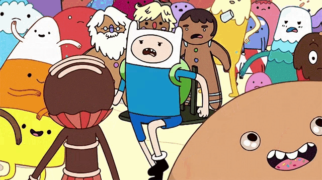 a group of cartoon characters including a gingerbread man and a candy cane
