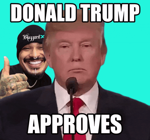donald trump giving a thumbs up next to snoop dogg who is wearing a blizzard hat