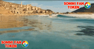 a sommi fan token advertisement shows a person surfing in the ocean