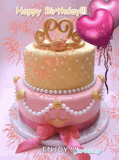 a pink and gold birthday cake with a crown on top