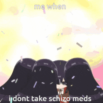 a cartoon of a girl being thrown in the air with the words me when i dont take schizo meds