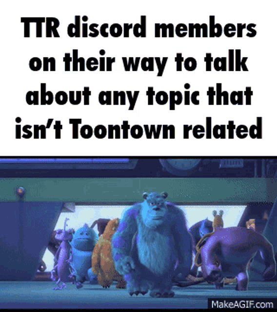 a group of monsters from disney 's monsters inc standing in a room