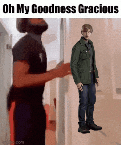 a man in a green jacket is standing in front of a door with the words oh my goodness gracious