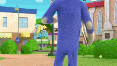 a cartoon character in a blue suit is walking in a park