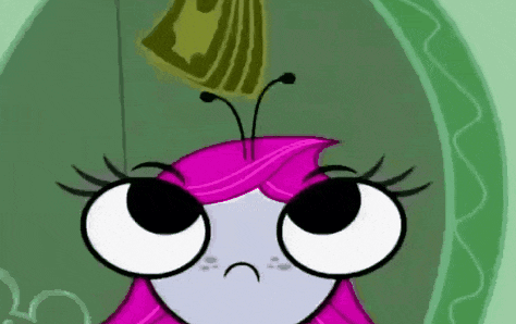 a cartoon character with pink hair and a butterfly on her head .