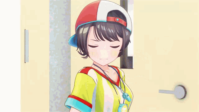 a girl with a red white and blue hat is pointing at a door
