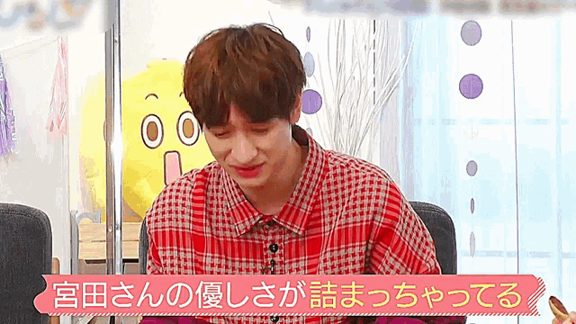 a man in a red plaid shirt is sitting in front of a yellow stuffed animal ..