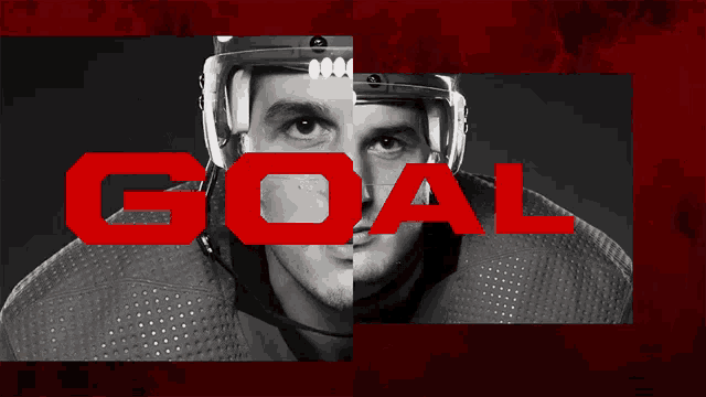a black and white photo of a football player with the word goal in red