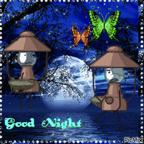 a picture of two lanterns with butterflies and the words good night on the bottom