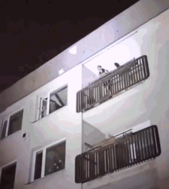 a couple standing on a balcony in a building