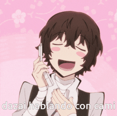 a cartoon of a boy talking on a cell phone with the words dazai hablando con cami below him