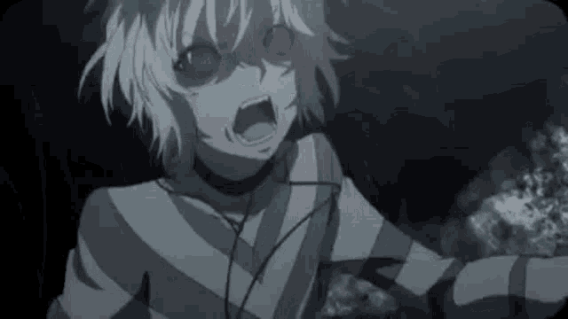 a young boy with white hair and red eyes is screaming in the dark .