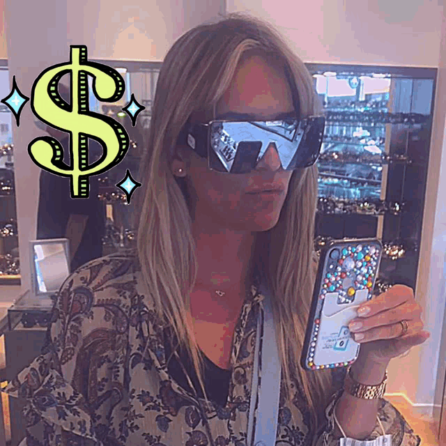 a woman wearing sunglasses is holding a cell phone with a dollar sign above her head