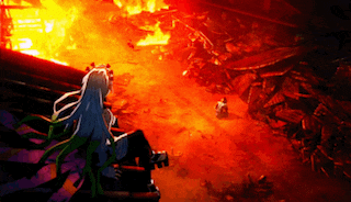 a woman is sitting in front of a fire in a video game