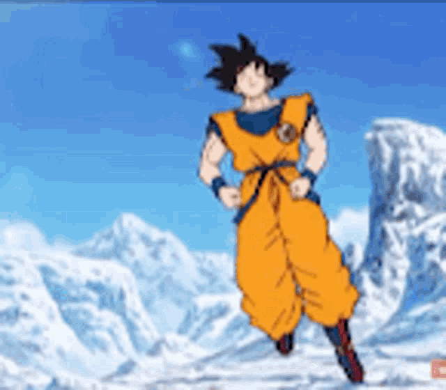 a cartoon of a man in a yellow jumpsuit jumping in the air with mountains in the background