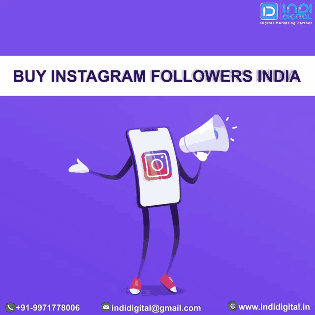 a cartoon character holding a megaphone with the words buy instagram followers india below it