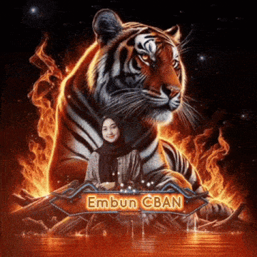 a woman in a hijab stands in front of a tiger with the name embun cban written below it