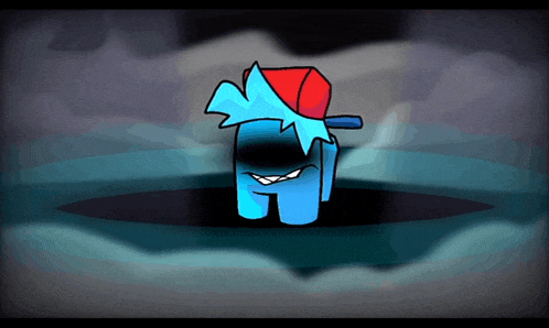 a blue among us character with a red hat is standing in a dark room