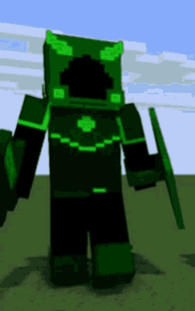 a green minecraft character is holding a shield