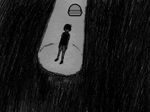 a black and white drawing of a person with a hamburger on top of their head