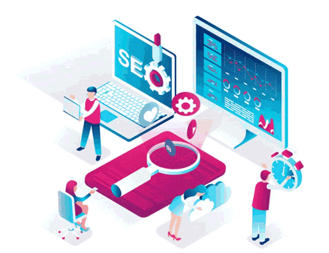 an isometric illustration of a group of people working on a website
