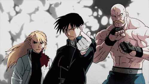 a group of anime characters standing next to each other including a bald man with a mustache