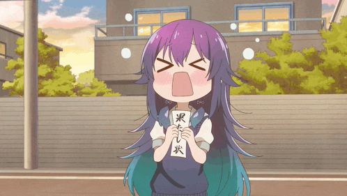 a girl with purple hair is holding a piece of paper with chinese writing