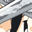 a close up of a cartoon character holding a sword .