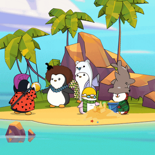 a group of penguins are standing on a beach near a body of water