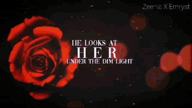 a man with a beard is looking at a rose with the words zeenia x emryst written above him
