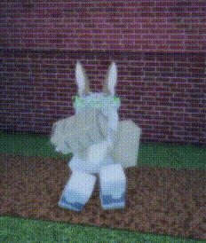 a cartoon character with bunny ears is standing in front of a red brick wall .