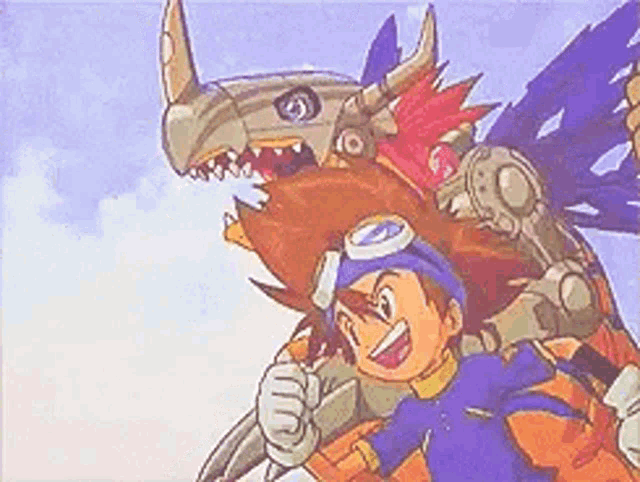 a boy is riding on the back of a giant robot dragon .