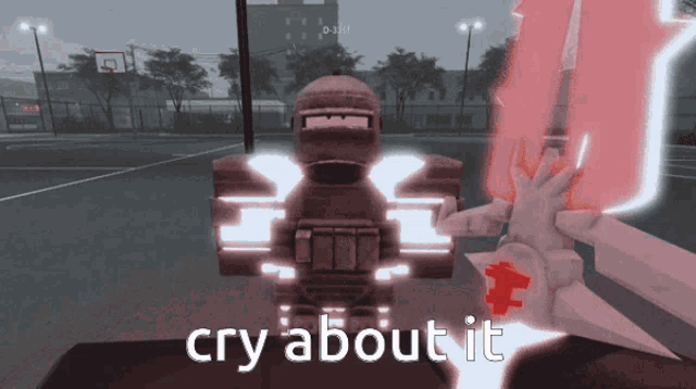 a video game character with the words cry about it written on it