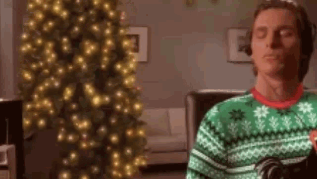 a man wearing a green sweater is standing in front of a christmas tree .