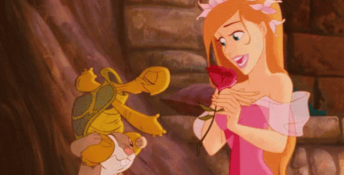 a cartoon princess is holding a rose next to a turtle .