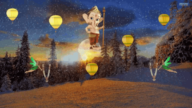 a cartoon drawing of a monkey holding a stick surrounded by hot air balloons