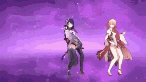 two anime girls are dancing together on a purple background in a video game .