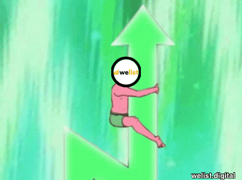 a cartoon character is sitting on a green arrow with the word wellist written on his head