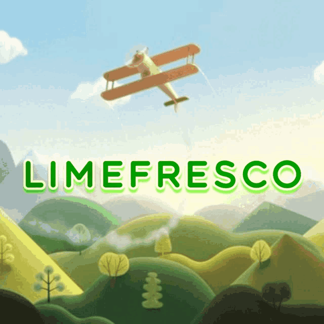 a plane is flying over a landscape with limefresco written on it