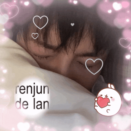 a picture of a person with hearts and the words renjun de lan on the bottom