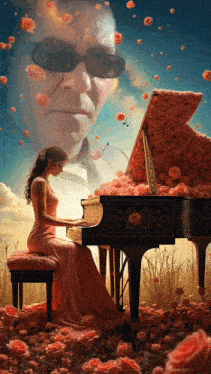 a woman in a red dress is playing a piano