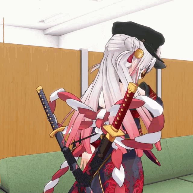 a girl in a black hat holds two swords