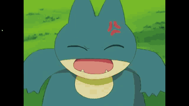 a cartoon pokemon with its mouth open and a red angry face .