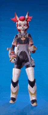 a video game character with a pink head and red hair is standing on a blue background
