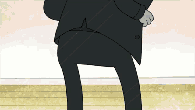 a cartoon of a man in a black suit with a white paw